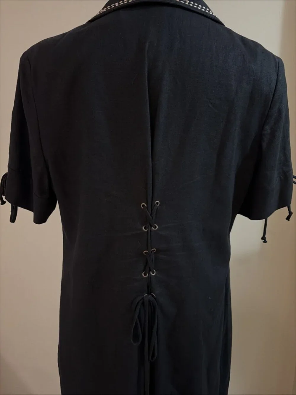 Vintage Sag Harbor Linen Blend Maxi Dress Size 14P Button Front Tie Back Modest